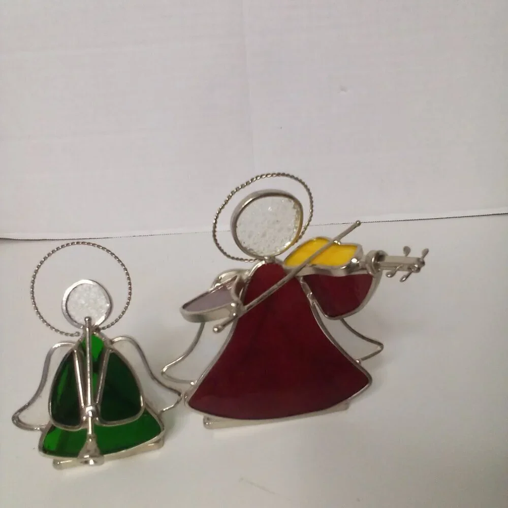 Stained Glass Angel Tea Light Candle Holders Musical Horn Violin Red Green